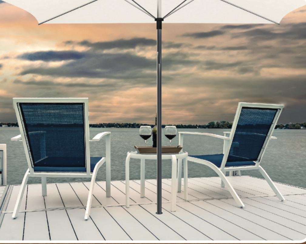 Dock chairs under a mounted umbrella